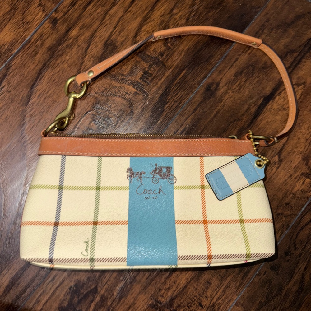 Coach Cream and Blue Small Tote Bag with Plaid Design - Picture 1 of 4